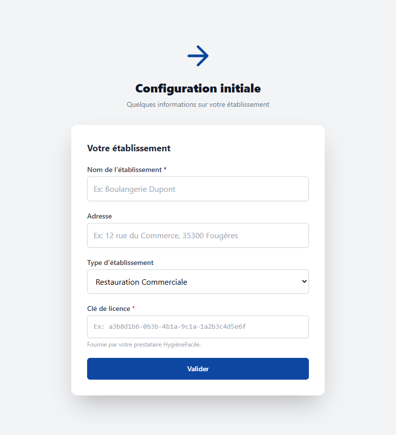 Configuration initiale — nom et adresse de l'établissement, type d'activité et clé de licence