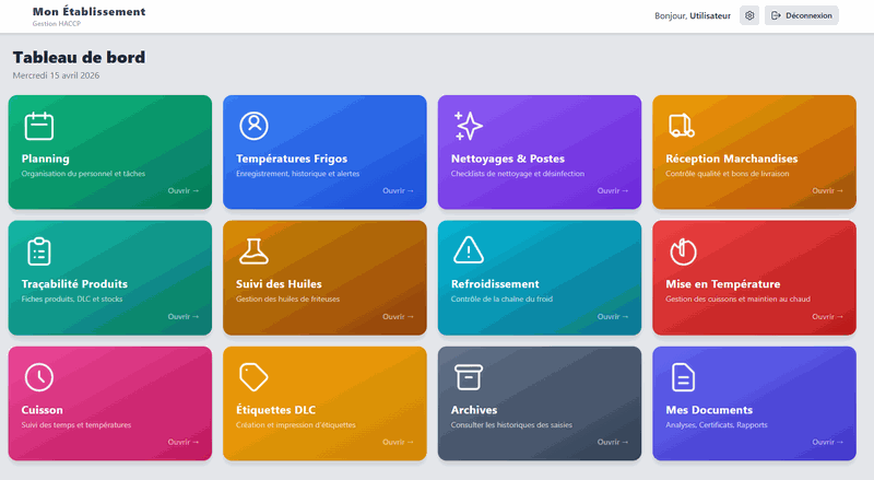 Tableau de bord — 12 modules colorés