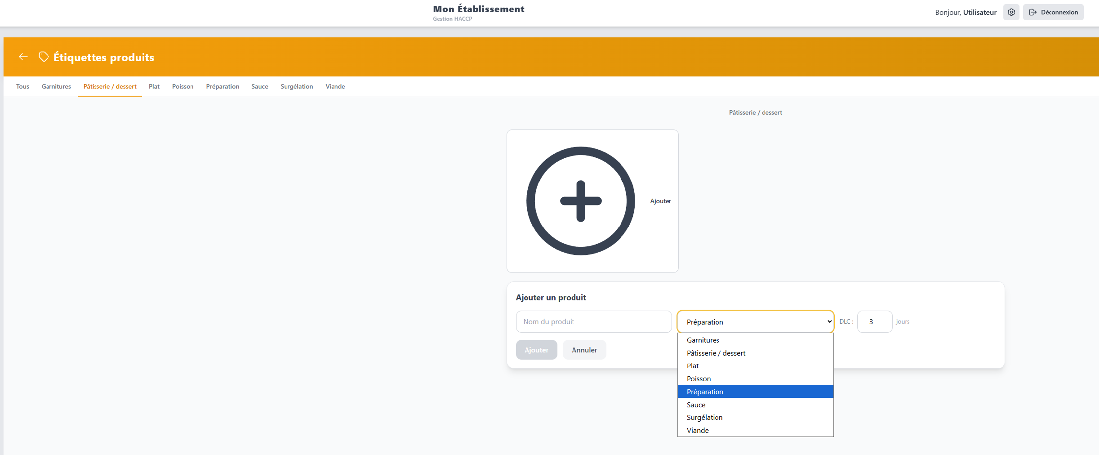 Module Étiquettes DLC — création d'un produit avec catégorie et durée