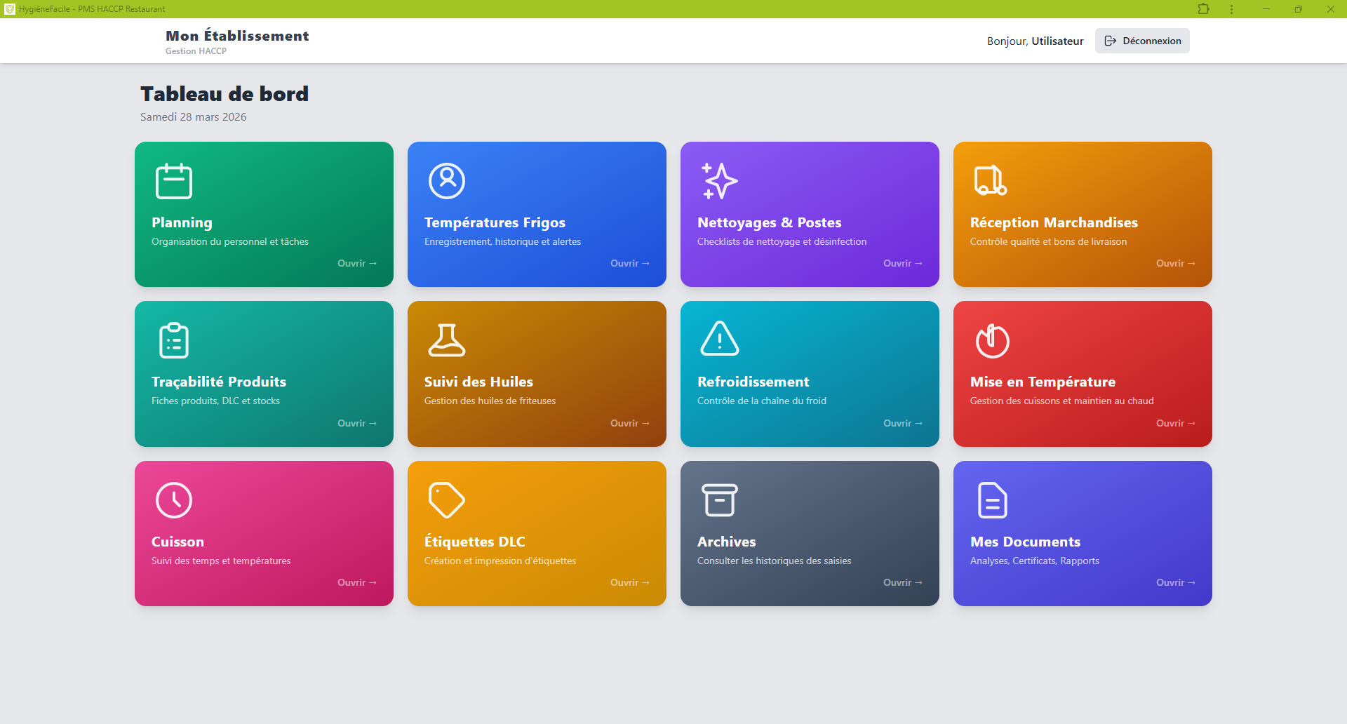 Tableau de bord HygièneFacile — 12 modules HACCP